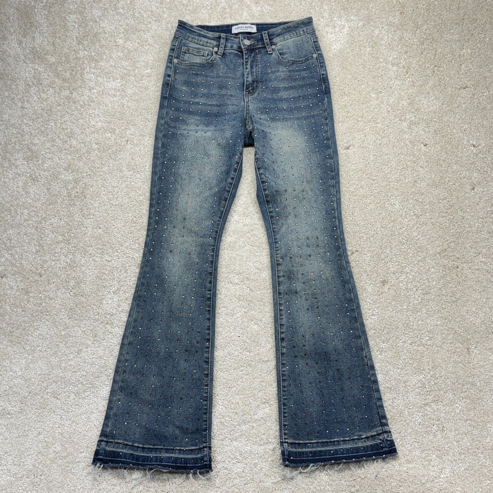 Ashley Mason Rhinestone‎ Studded Flare Jeans Womens 5/27 Blue Raw Hem